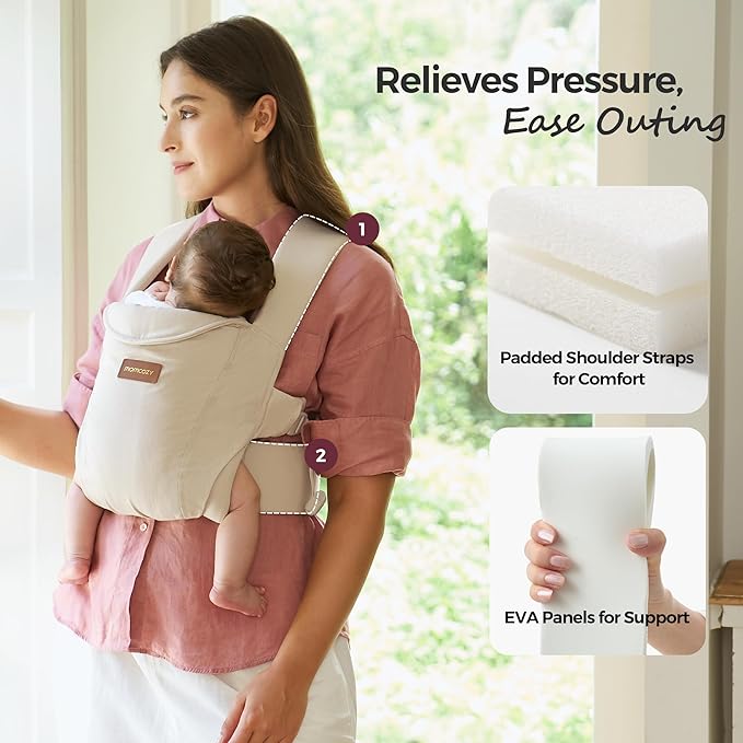 Momcozy Newborn Carrier WeeSnug- Lightweight and Cozy Comfort for 7-25 lbs, Ergonomic Cross-Back Support, Effortless to Put On, Hands-Free Baby Carrier with Lumbar Support, Khaki