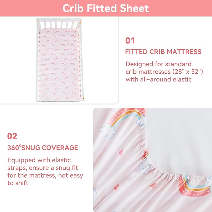 Viviland 3 Pieces Baby Bedding Set for Boy Girls, Baby Bedding Set for Newborn, Infant & Toddler - Rainbow