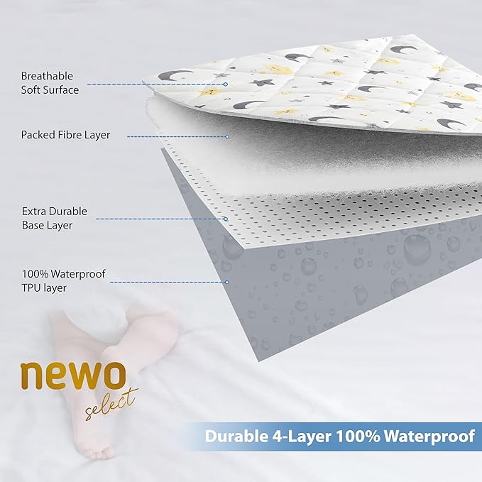 Waterproof Crib Mattress Protector Sheets,%100 Cotton Fabric, Absorbent Crib/Toddler Mattress Protector, Quilted, Certified, Noiseless Machine Wash, Moon&Star Pattern 52"x28" (Small Single, 2, Pack)