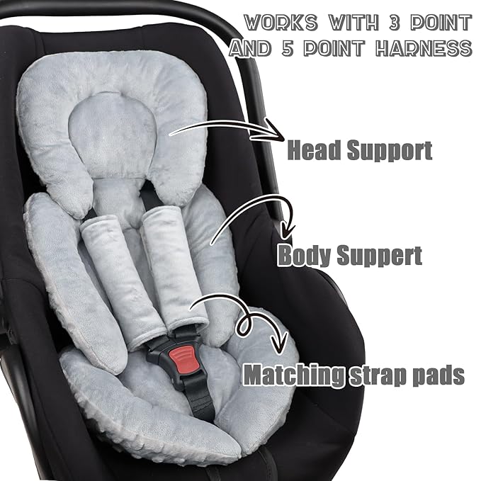 Infant Car Seat Insert Head and Body Support, GFU Reversible Newborn Insert for Carseat with Strap Pads, Soft Stroller Cushion Pillow Insert for Boys and Girls, Fits for Stroller, Swing, Grey