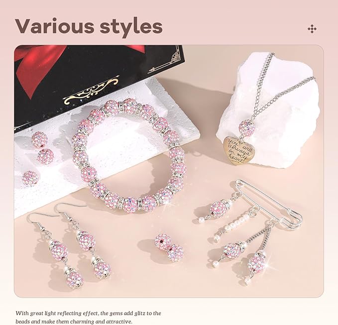 200pcs 10mm Rhinestone Beads for Jewelry Making, Pink AB Shiny Round Disco Ball Beads Bulk, Sparkle Crystal Clay Christmas for Bracelet Baseball Necklace Earring Crafting and DIY