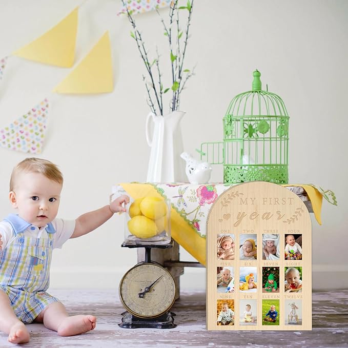 My First Year Photo Display Wood Board Baby's First Year Photo Frame Milestone Board 12 Months Baby Picture Frame 1st Birthday Nursery Decorations for Boy Girl Baby Keepsake Gift for Mom (2" x 3" photos - Wallet Size)