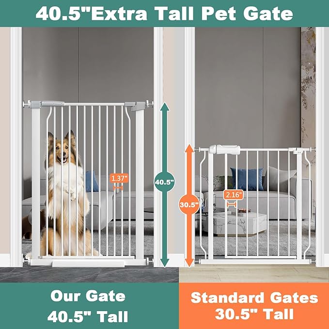 40.5" Extra Tall Baby Gate for Stairs, 40.6"-49.1" Extra Wide Dog Pet Gate Indoor, Pressure Mounted Safety First Baby Gate, No Drill Puppy Tall Gate for Doorways Walk Through House, White