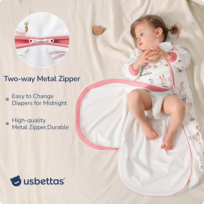 Baby Sleep Sack 18-24 Months, Cotton Detachable Long Sleeve Sleep Sack, 1.0 Tog Toddler Sleeping Sack with Temperature Strips, 2-Way Zipper Wearable Blankets for Newborns, Bunny