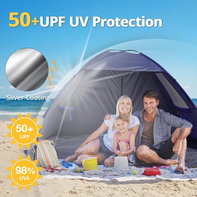 CAMEL CROWN Beach Tent UPF 50+ Sun Shelter for 2/3/5/6 Person, Lightweight Portable Sun Shade with Sand Anchor, Family Beach Day & Outdoor Adventures