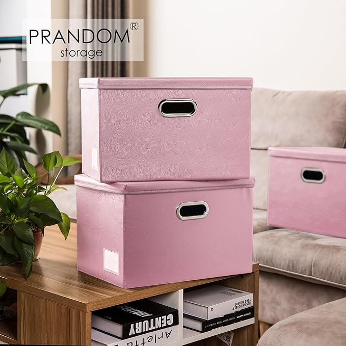PRANDOM Large Stackable Storage Bins with Lids [5-Pack] Leather Fabric Foldable Storage Boxes Organizer Containers Baskets Cube with Cover for Bedroom Closet Office Nursery Pink (17.7x11.8x11.8)