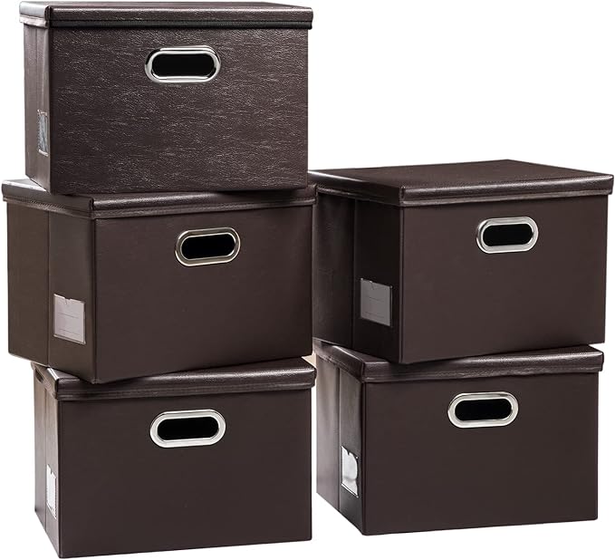 PRANDOM Foldable Storage Bins with Lids [5-Pack] Leather Fabric Collapsible Storage Boxes Organizer Containers Baskets Cube with Cover for Bedroom Closet Office Nursery Brown (14.9x10.8x10)