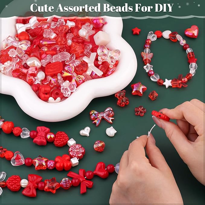 Assorted 170-230PCS Red Acrylic Beads for Bracelet Making, Flower Bow Butterfly Candy GummyBear Aesthetic Bracelet Charms,Cute Beads for Jewelry Making DIY Necklace Keychain Phone Charm