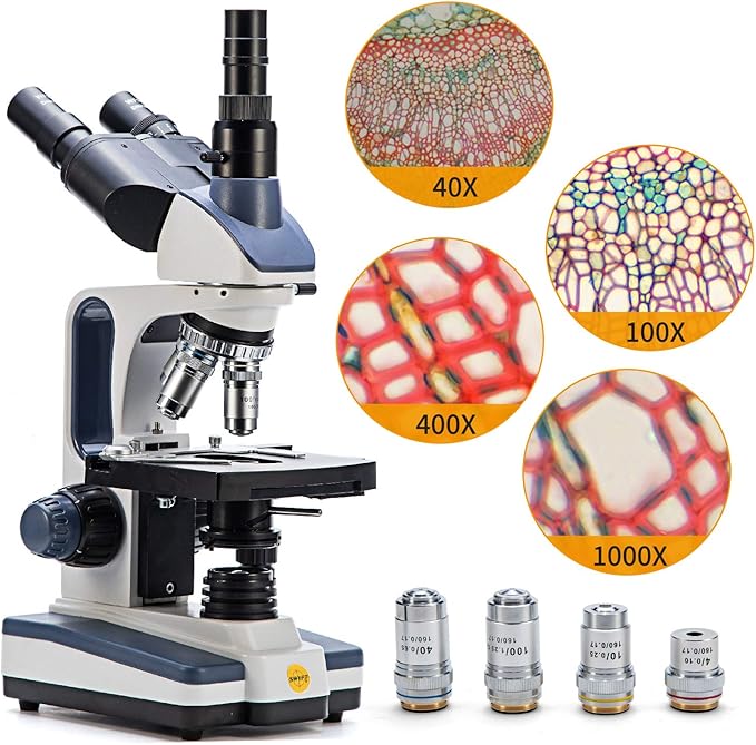 SWIFT Trinocular Compound Microscope SW350T,40X-2500X Magnification,Siedentopf Head,Research-Grade,Two-Layer Mechanical Stage,1.3mp Camera and Software Windows and Mac Compatible