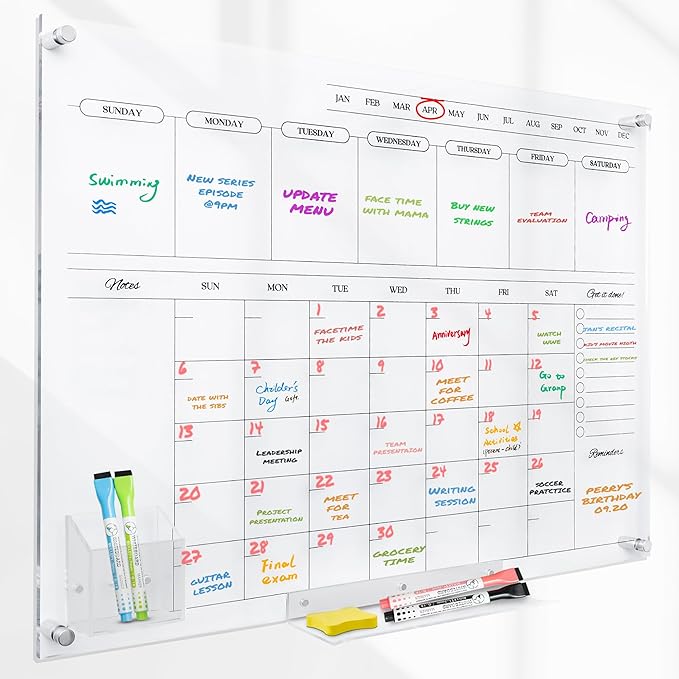 Acrylic Calendar for Wall - 24x18” Wall Calendar, Dry Erase Calender, Clear Calendar for Wall, Includes Magnetic Pen, Tray Holders, 4 Markers and 1 Eraser