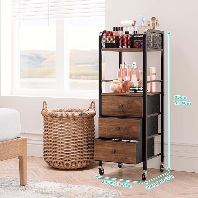 HapiRm Rolling Makeup Cart Organizer - Floor Skincare Make Up Storage with 3 Drawers, Vanity Organizer Cosmetic Display Cases Holder for Skin Care Perfume Nail Polish Brush Hair Tool