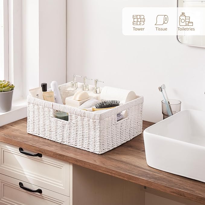 OIAHOMY Wicker Basket, Paper Shelf Basket with Built-in Handles, Rectangular Wicker Storage Bin for Pantry, Shelves, 1 Pack-White