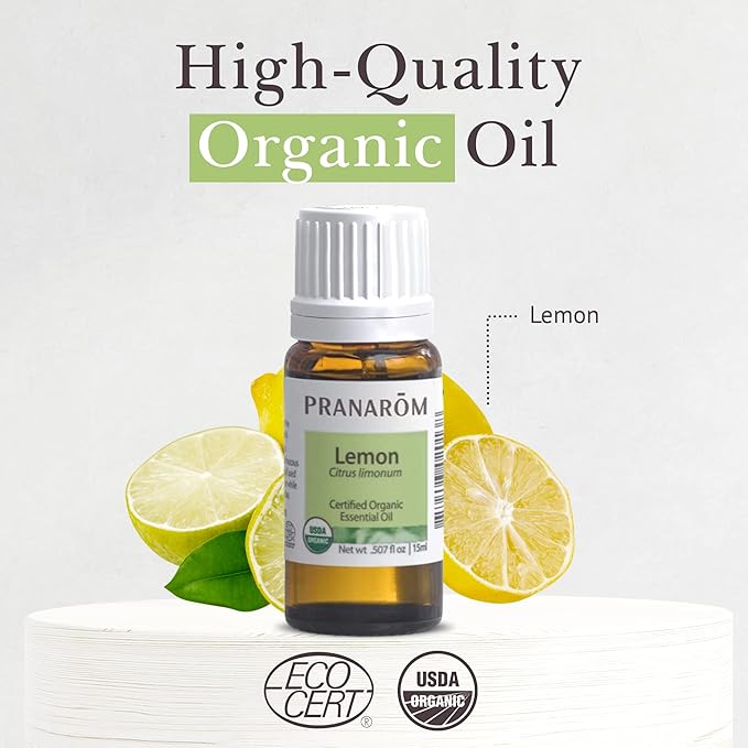 Pranarom USDA Certified Organic Lemon Essential Oil (15ml), 100% Pure Undiluted Therapeutic Grade from Argentina for Aromatherapy, Diffuser, DIY, Cleaning, Fresh Lemon Scent