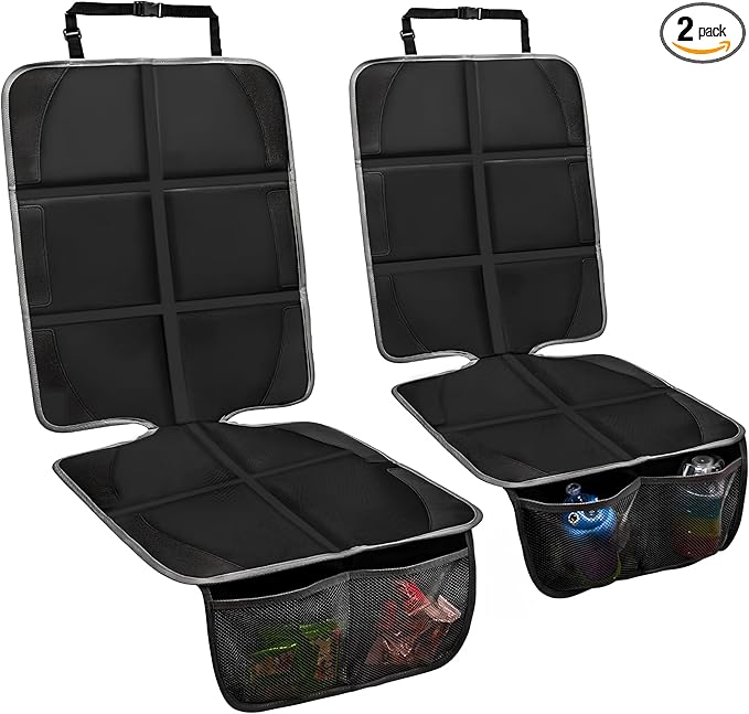 Car Seat Protector 2 Pack Baby Car Seat Covers with Mesh Pockets & Non-Slip Backing 600D Durable Seat Protector Under Baby Car Seat (Black & Gray, Large)