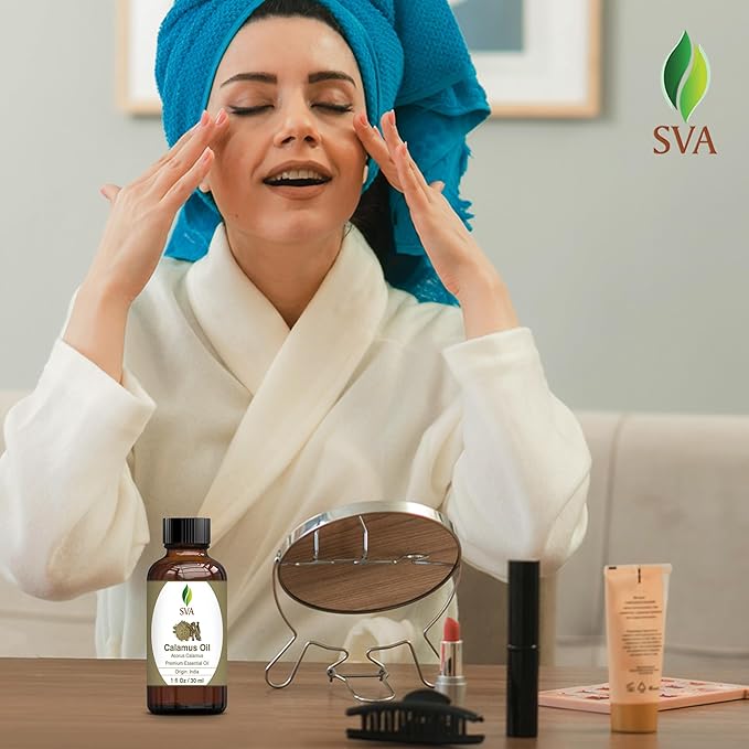 SVA Calamus Essential Oil – 1 Fl Oz – 100% Natural Calamus Oil - for Diffuser, Hair Care, Face, Skin Care, Aromatherapy, Scalp and Body Massage, Soap and Candle Making – with Dropper