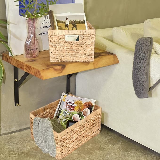 Water Hyacinth Wicker Baskets for Organizing, Rectangular Wicker Baskets with Built-in Handles 3-Pack