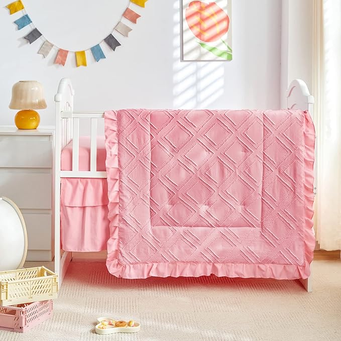 Tufted Ruffle Crib Bedding Set 3 Pieces Baby Boho Quilted Comforter with Fitted Sheet and Bed Skirt - Cute Ruffled Shabby Chic Baby Bedding Soft Blanket Design Pink