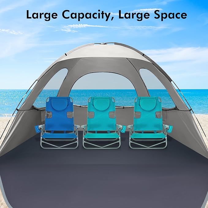 WhiteFang Beach Tent Anti-UV Portable Sun Shade Shelter for 3/4/6/8 Person, Extendable Floor with 3 Ventilating Mesh Windows Plus Carrying Bag, Stakes and Guy Lines