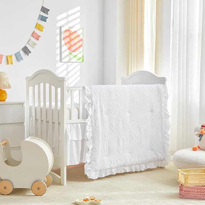 Mini Crib Bedding Set 3 Pieces Baby Boho Quilted Tufted Ruffles Comforter with Fitted Sheet and Ruffled Bed Skirt - Cute Shabby Baby Bedding Fits Mini Crib Only White