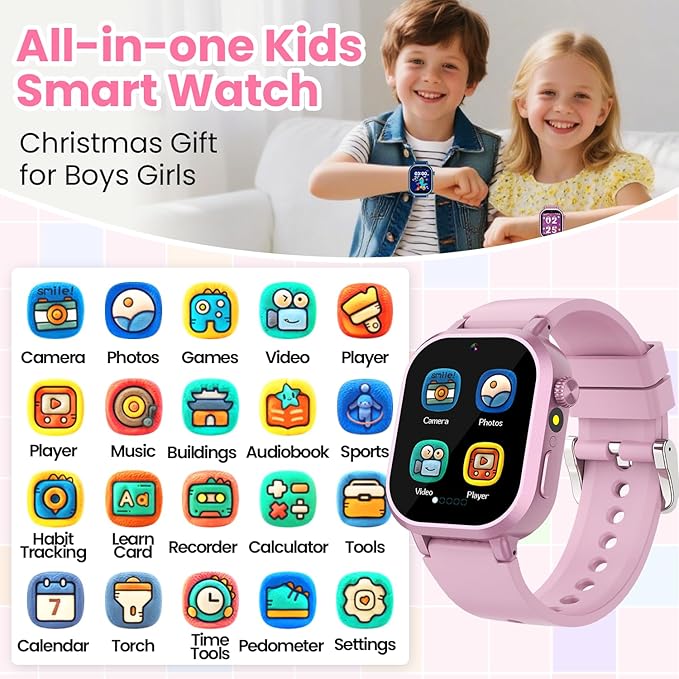 Waterproof Smart Watch for Kids Girls Ages 5-12 with 39 Games, HD Camera, Video, Music, Habit Tracking, Alarm, Pedometer, Kids Smart Watch Chrismars Birthday Gift for Girls Age 5 6 7 8(Pink)