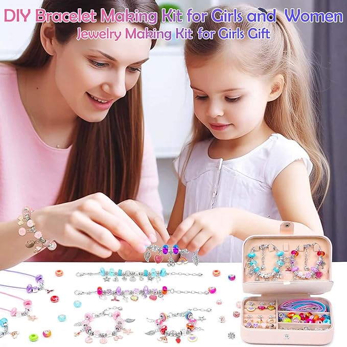 Charm Bracelet Making Kit with Bracelet Organizer Box Beads Mermaid Pendants for Jewelry Making DIY Craft Kit for Birthday Gifts Valentine Christmas