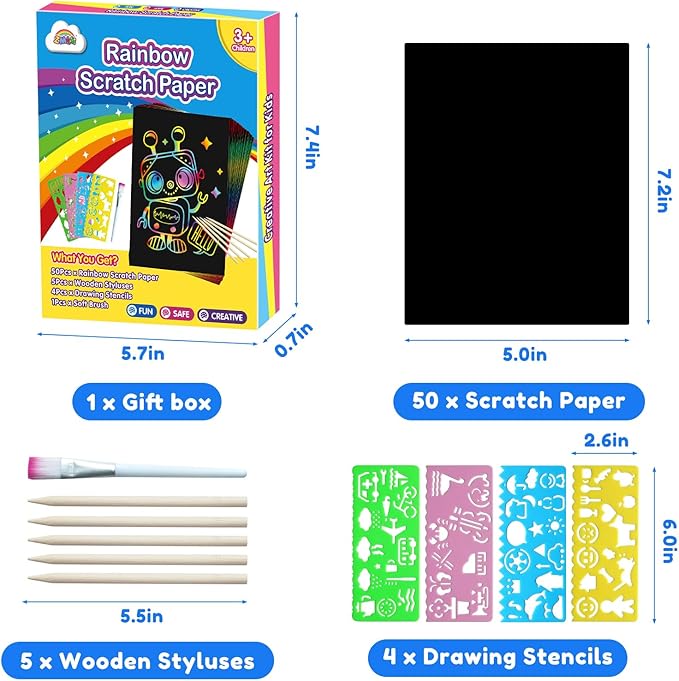 ZMLM Scratch Art Crafts Boys Gifts, 60 Rainbow Scratch Paper Art Gifts for 3 4 5 6 7 8 9 10 Years Old Girls and Boys Kids, Arts and Crafts for Kids 4-6 Birthday Toys and Games Activities Gift (Blue)