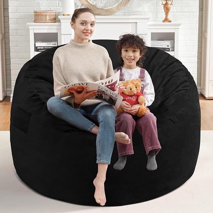 3FT Bean Bag Chair, Comfy Bean Bag Chairs with Memory Foam Filled, Fluffy Beanbag Sofa with Dutch Velvet Cover, Round BeanBag Chairs for Living Room, Playroom - Black