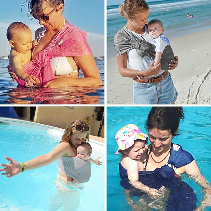 CUBY Water Baby Sling Carrier Lightweight Breathable Mesh Baby Ring Slings, Adjustable Quick-Drying Ring Sling Baby Carrier for Newborn Kids Toddlers Summer Swimming Pool Beach(Light Gray)