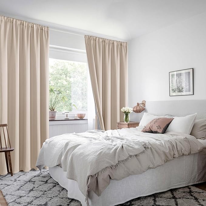 XWZO 100% Blackout Curtains 84 Inches Length with Tiebacks, Light Blocking Rod Pocket Window Drapes with Black Liner Backing for Bedroom/Kid's Room, Biscotti Beige, W70 x L84, Set of 2