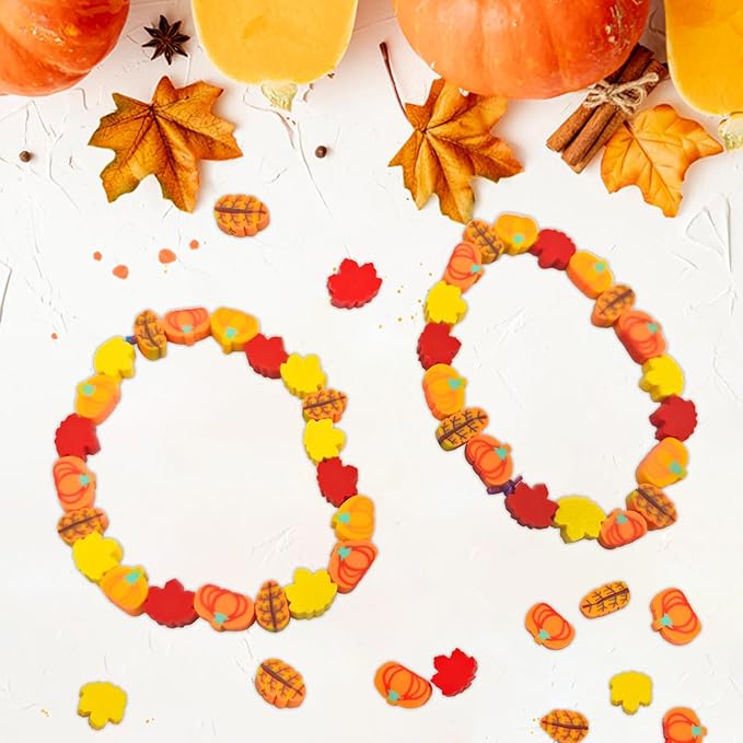 YQUQWN 200 PCS Fall Polymer Clay Beads Thanksgiving Maple Leaf Pumpkin Clay Beads for Jewelry Making Autumn Necklace DIY Bracelet Fall Accessories Party Supplies Craft Kits