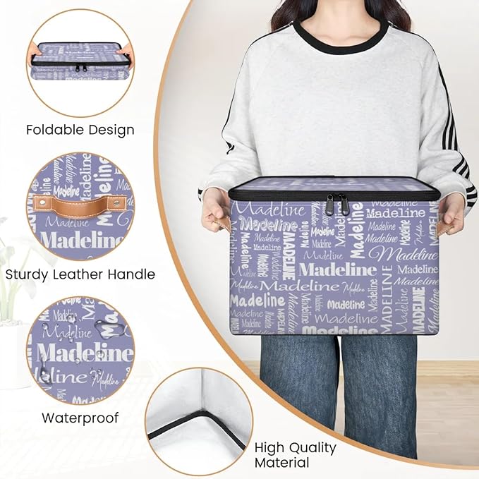 Custom Storage Basket with Name, Personalized Storage Bins with Zipper Lid, Foldable Fabric Storage Box Large capacity with Handle Haze Purple