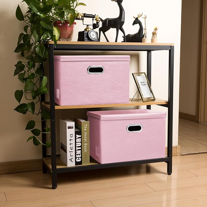 PRANDOM Foldable Storage Bins with Lids [5-Pack] Leather Fabric Collapsible Storage Boxes Organizer Containers Baskets Cube with Cover for Bedroom Closet Office Nursery Pink (14.9x10.8x10)