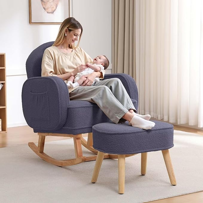 Nursery Rocking Chair with Ottoman, Upholstered Glider Rocker with High Backrest and Side Pocket, Rocking Accent Armchair with Solid Wood Legs for Nursery, Living Room, Bedroom Dark Grey