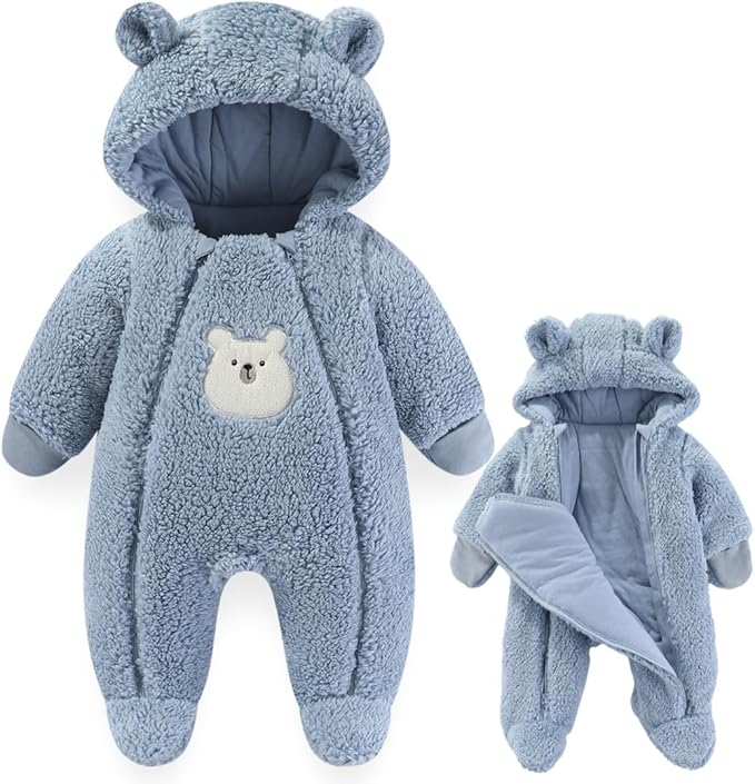 Fairy Baby Newborn Baby Winter Snowsuit Bear Thick Romper Footie Double Zip Hooded Jumpsuit Fleece Coat Infant Boy Girl 0-12M