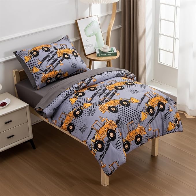 NTBED 4 Pieces Construction Toddler Bedding Set for Baby Boys, Excavator Truck Vehicles Cars Printed, Includes Comforter, Flat Sheet, Fitted Sheet and Pillowcase,Grey