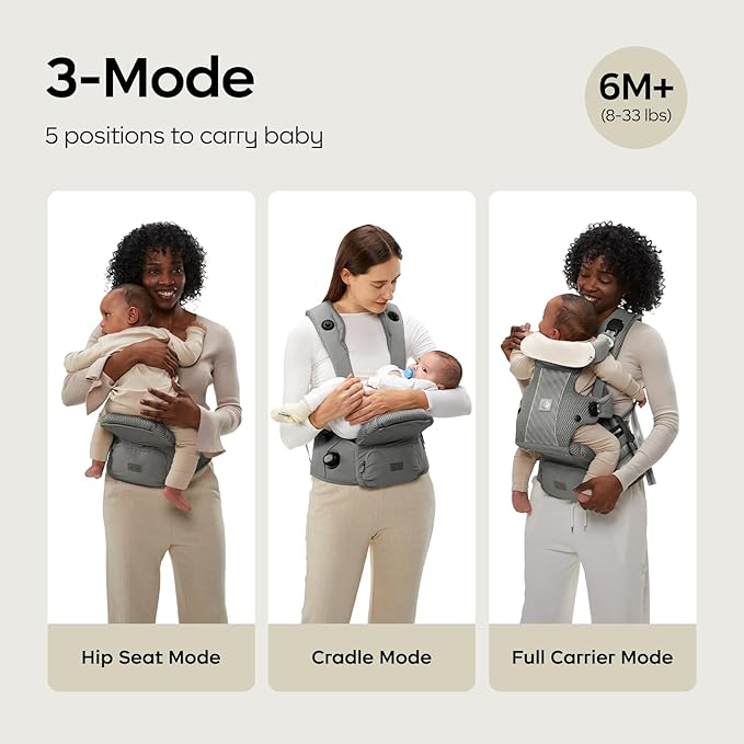 Bc Babycare Hexa Effortless Baby Carrier with Hip Seat - Ergonomic Toddler Carrier (13.2-33 lbs), Adjustable Slide Lock & Knob, Hip-Healthy Design for Parent's Back Relief, Gray