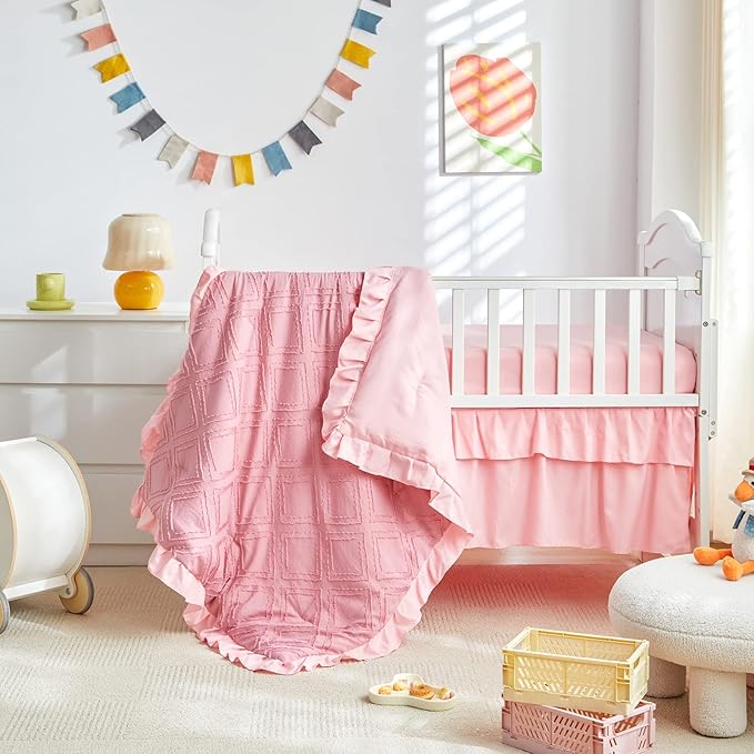 Mini Crib Bedding Set 3 Pieces Baby Boho Quilted Tufted Ruffles Comforter with Fitted Sheet and Ruffled Bed Skirt - Cute Shabby Baby Bedding Fits Mini Crib Only Pink