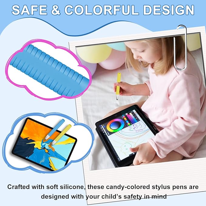 2pcs Kid-Friendly Stylus Pens for Touch Screens, Tablet Stylus Pen with Spring Cord Universal Touch Screen Capacitive Crayon Stylus Blue Yellow