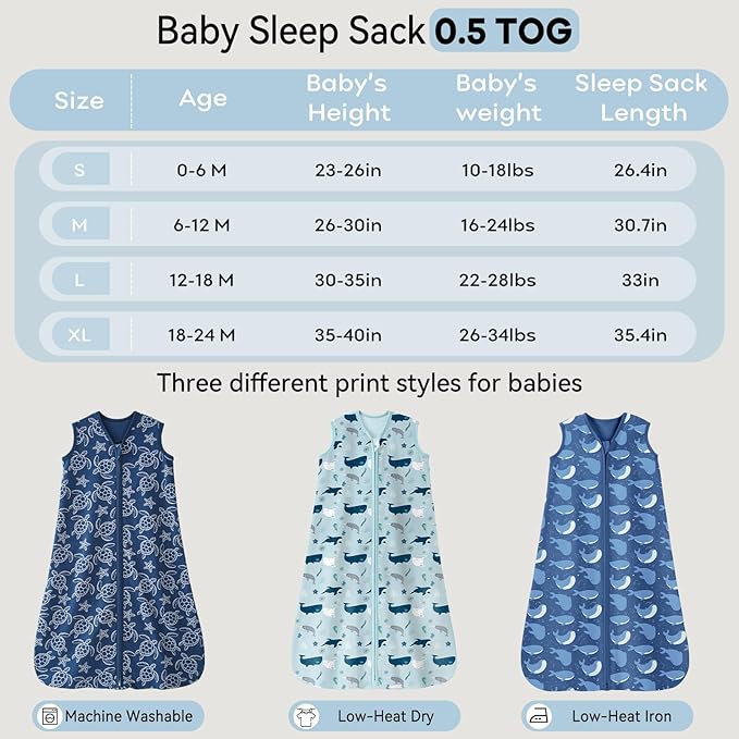 Baby Sleep Sack 0-6 Months 0.5 Tog Wearable Blanket Baby, 3 Pack 100% Cotton Lightweight Sleeping Sack with 2-Way Zipper for Newborn Infant Shark