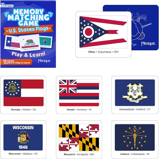Menique U.S. States Flags Memory Matching Game – 100 Cards (50 Pairs) – Learn State Flags, Capitals & Abbreviations – Educational Card Game for Kids and Adults