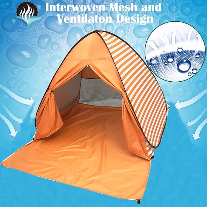 Pop Up Beach Tent Shade Sun Shelter UPF 50+ Canopy Cabana 2-3 Person for Adults Baby Kids Outdoor Activities Camping Fishing Hiking Picnic Touring (Orange Stripes)
