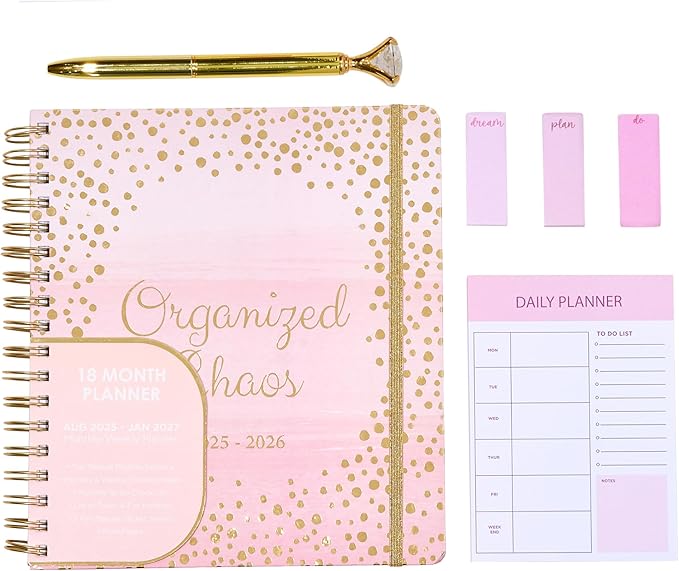 Votum August 2025 to January 2027 Large Back to School Academic Planner- Daily, Weekly & Monthly Organizer with Pens, Stickers, Sticky Notes, and a Sturdy Cover - Organized Chaos Pink