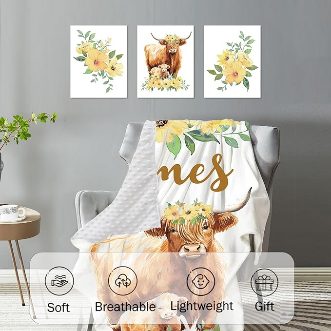 Personalized Baby Crib Bedding Set, 5-Piece Highland Cow Design Baby Crib Sets with Custom Name, Toddler Double Layer Blanket Fitted Sheets Changing Pad Cover Rug Wall Art Set, Charming Nursery Decor