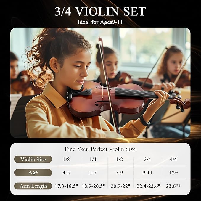 3/4 Violin Kit, Beginner Violin for Kids, Students, Complete Kids Violins Set with Case, Bow, Rosin, Ideal for Kids Violinss Beginner Ages 9-12, Brown