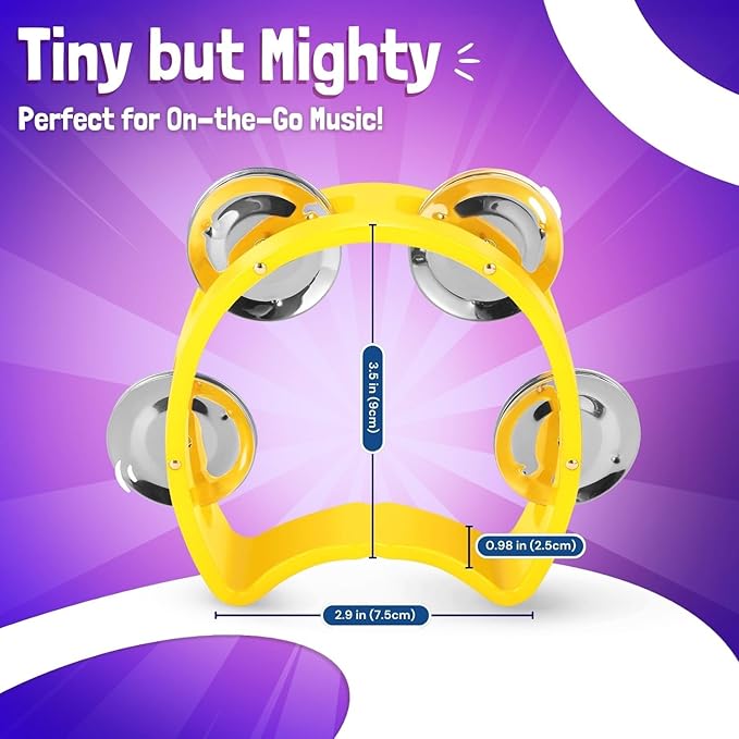 Flexzion Half Moon Musical Tambourine Set of 4, Red Yellow Blue Green, Double Row Metal Jingles Hand Held Percussion Drum with Ergonomic Handle Grip