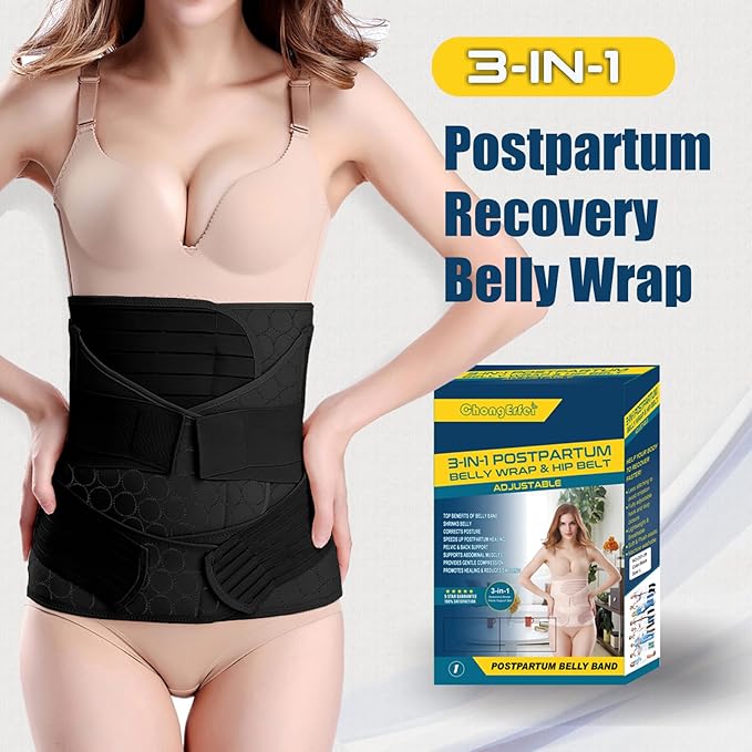 ChongErfei 3 in 1 Postpartum Belly Wrap - Recovery Belly/Waist/Pelvis Belt Black Postpartum Belly Band,Black L