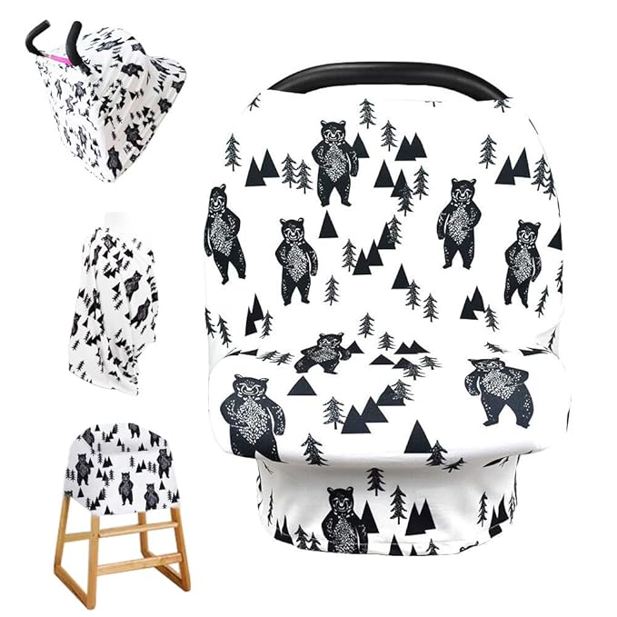 Stretchy Baby Car Seat Cover for Baby Boys and Girls,Multiuse - Nursing Breastfeeding Covers,Shopping Cart/High Chair/Stroller Covers,Infinity Scarf,Car Seat Canopies(Ink Bear)