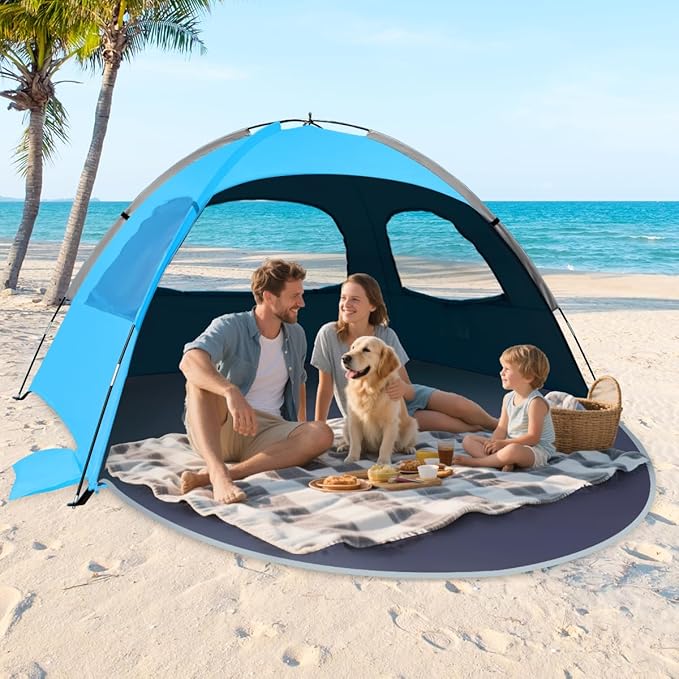 NXONE Beach Tent Sun Shade Shelter for 3/4/6 Person Person with UV Protection, Extended Floor, 3 Mesh Roll Up Windows & 8.0/8.5mm Fiberglass Rods丨Carry Bag Included