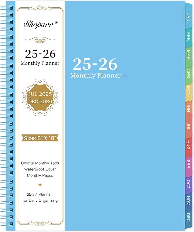 Monthly Planner 2025-2026 - JUL 2025 - DEC 2026 Planner/Calendar, 18 Monthly, with Colorful Tabs, Planner for Daily Organizing - Waterproof Cover (8" x10", Notes Pages, Light Blue)