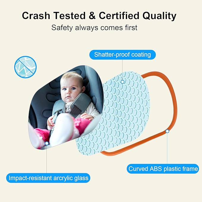 Baby Car Mirror, Safety Car Seat Mirror for Rear Facing Infant, Clear Wide View, 360°Rotation, Easily Observe the Baby Move, Secure, Shatterproof, Crash Tested and Certified(Orange)